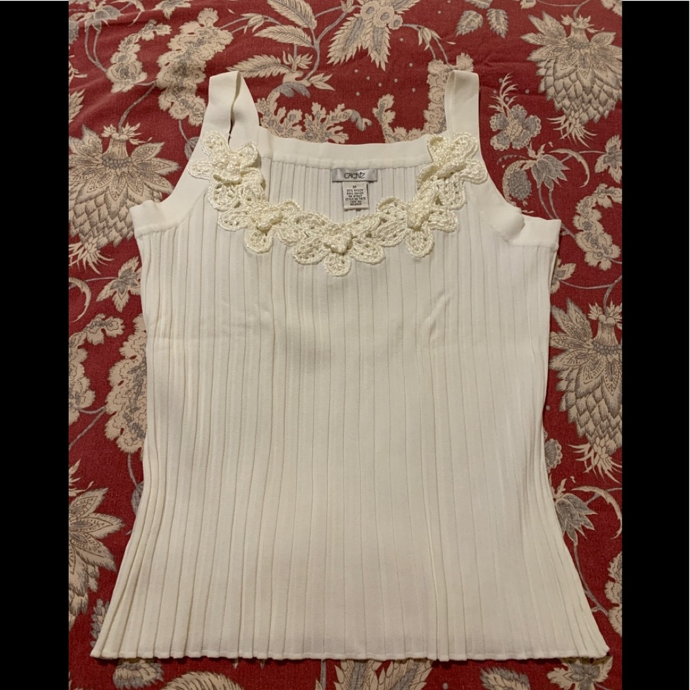 Cache White Ribbed Tank Top w/ Crochet Flowers